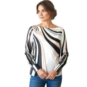 Chic Abstract Striped Blouse Long Sleeve Cuffed Sz 4 White Pink Black